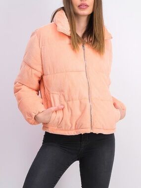 Peach Cord Puffer & Red Fuzzy Zip Up Hooded Coat Bundle